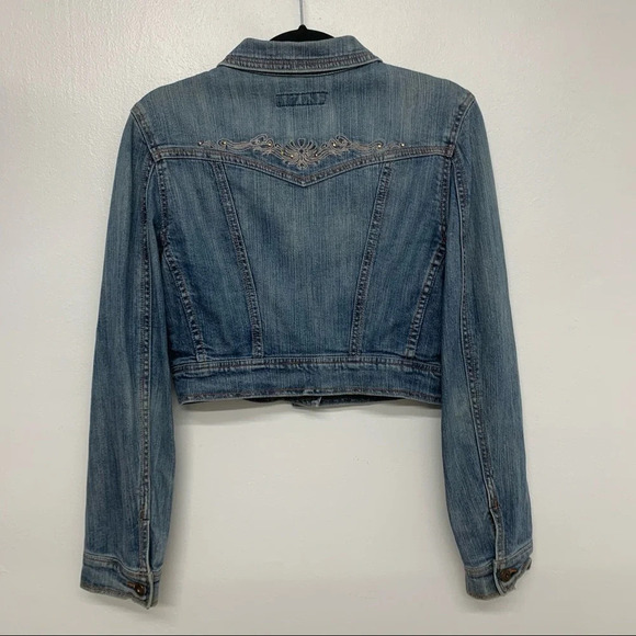Crop Denim Jacket Woman Medium Y2K Blue Embroidery Beads Boho Western Paris Blue - Picture 3 of 9